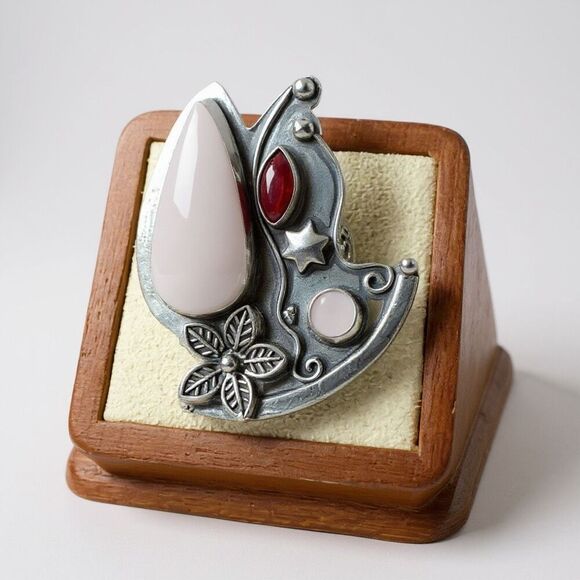 Boho Bloom Ring – Rose Quartz & Garnet Floral Statement Size 8 New - Picture 7 of 7